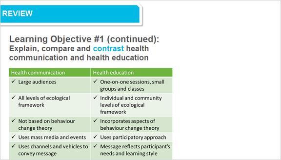 3.3 Review There are key differences between health communication and health education: Health communication campaigns are usually directed at large audiences, while health education is often done