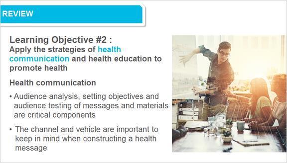 3.4 Review The second learning objective stated that by the end of the module you would be able to apply the strategies of health communication and health education to promote health.
