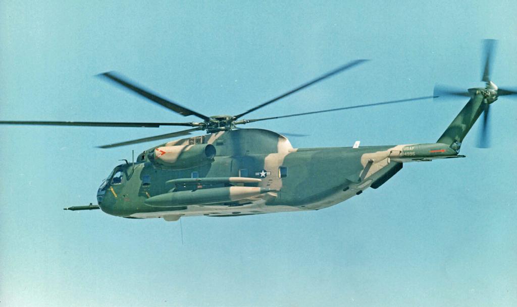 The big, camouflage- painted helicopter carried auxiliary fuel tanks and a retractable probe for mid-air refueling as visible evidence of its longrange capability.