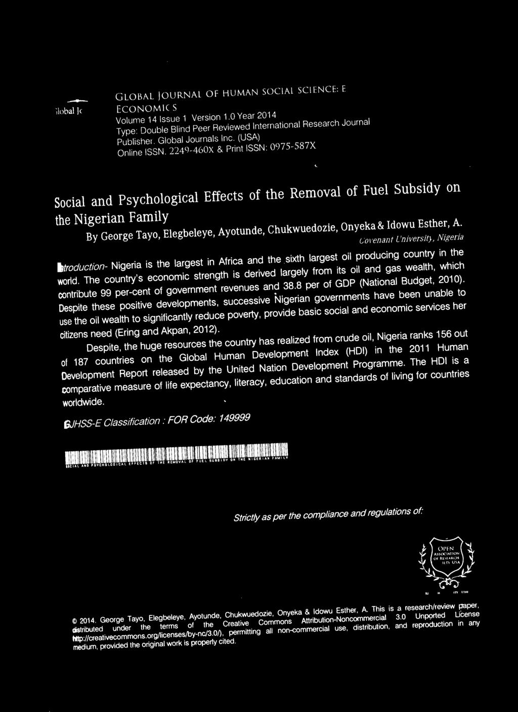 Psychological Effects of the Removal of Fuel Subsidy on the Nigerian Family By George Tayo, Elegbeleye, Ayotunde, Chukwuedozie, Onyeka & Idowu Esther, A. l 01 ('1/dllt L /111 [>/'<,/{)' _\'i;?