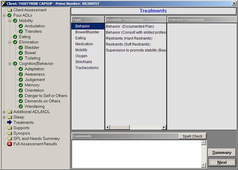 Treatments Screen After answering the last component ADL question for the Cognition/Behavior ADL (Wandering) and clicking [Next], the wizard moves to the Treatments screen.