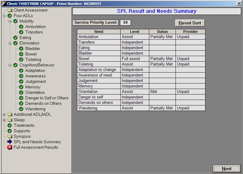 SPL Result and Needs Summary Screen This is a summary screen displaying the results determined for the individual by the Assessment Wizard based on the answers to the Four ADLs.