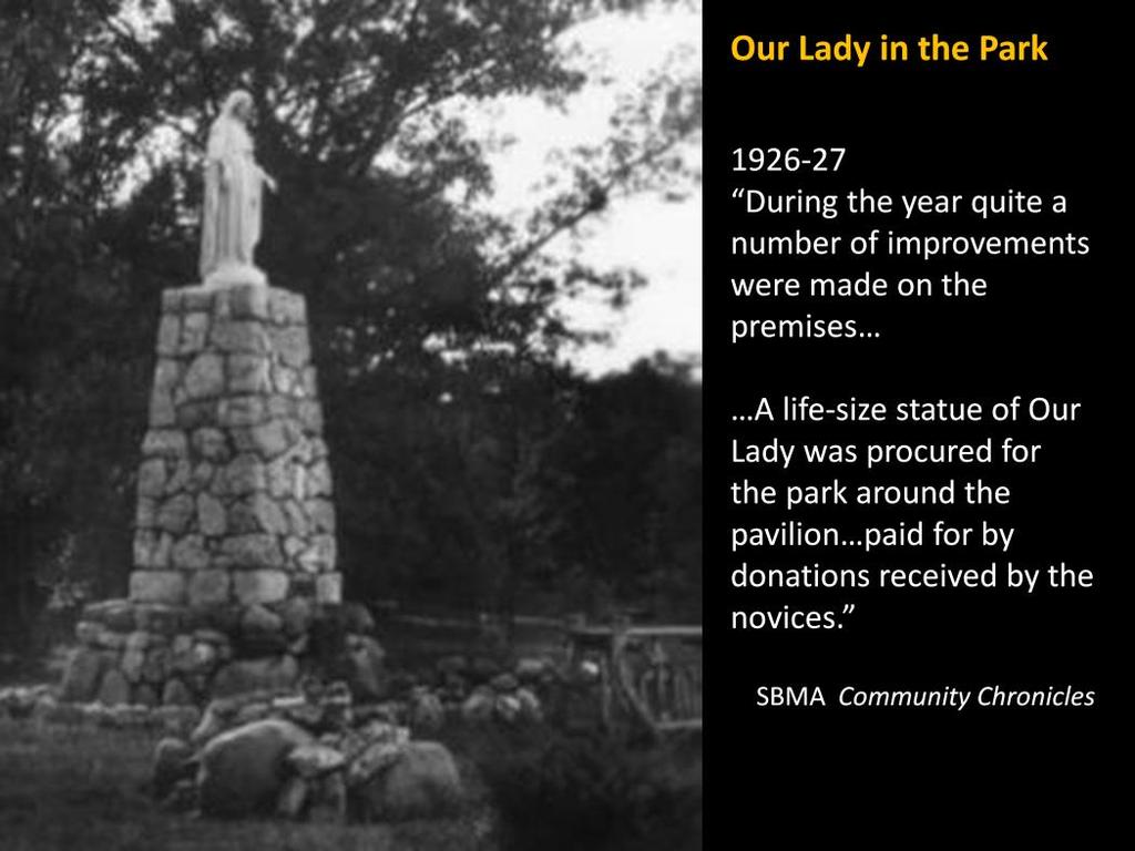 Statue of Our Lady, for the Pavillion [in the woods?] From an alum s scrapbook album, ca. 1945-1949 From O:\Archives\csbarchives\Photos\Album 1945-1949 Beatrice Johnson, mother of Lisa Moschkau p.