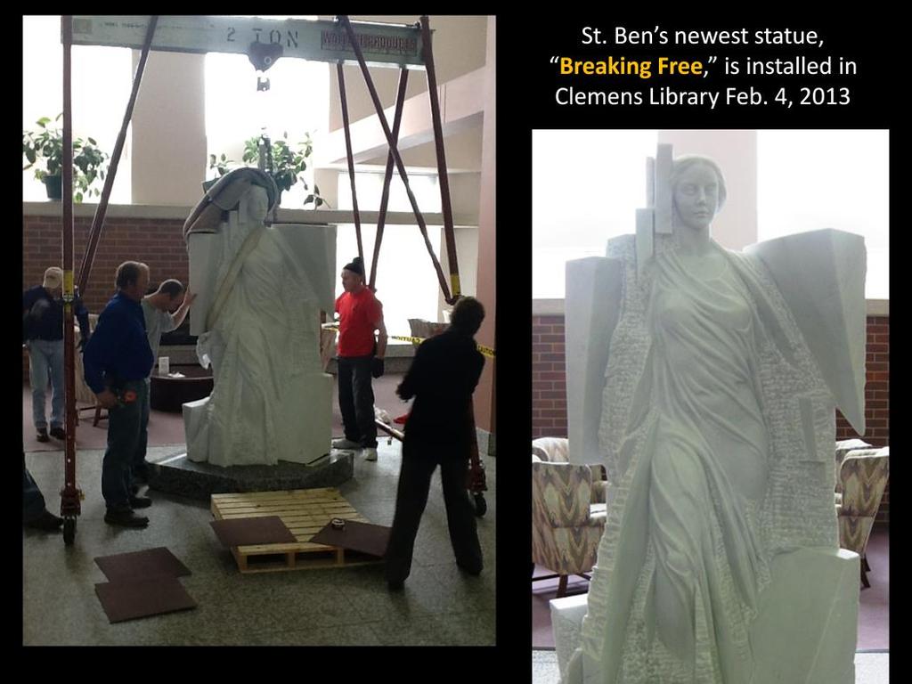 CSB s newest statue, Breaking Free, installed in Clemens Library Feb.