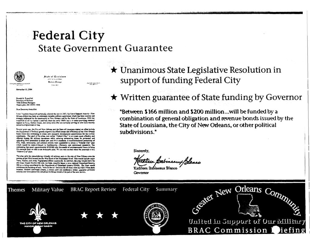 Federal City State Government Guarantee animous State Legislative Resolution in support of nding Federal City * Written guarantee of State funding by Governor "Betwen $166 million