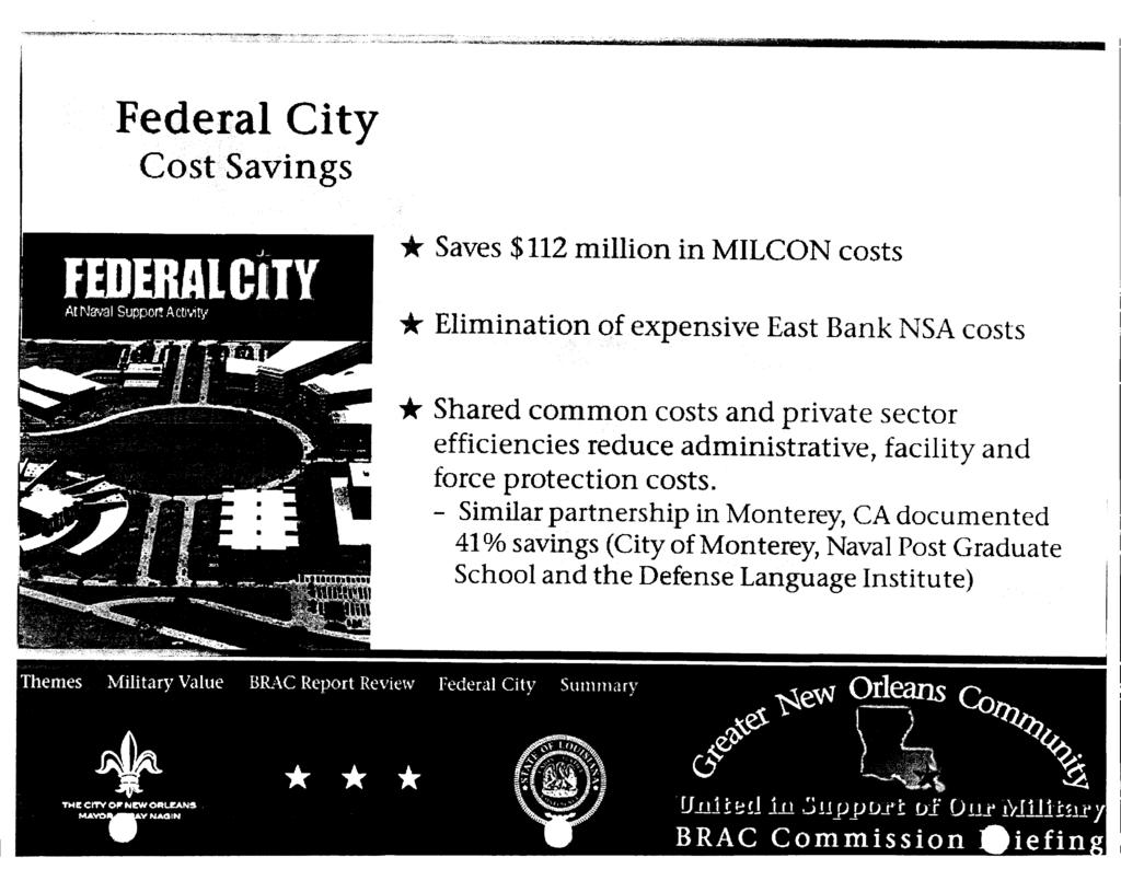 Federal City Cost Savings * Saves $112 million in MILCON costs Elimination of expensive East Bank NSA costs + Shared common costs and private sector efficiencies reduce