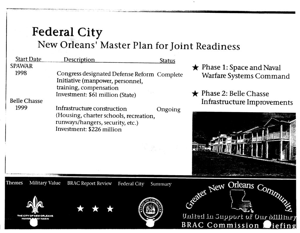 era1 City New Orleans' Master Plan for Jo nt Readiness Description Status Congress designated Defense Reform Complete Initiative (manpower, personnel, training, compensation