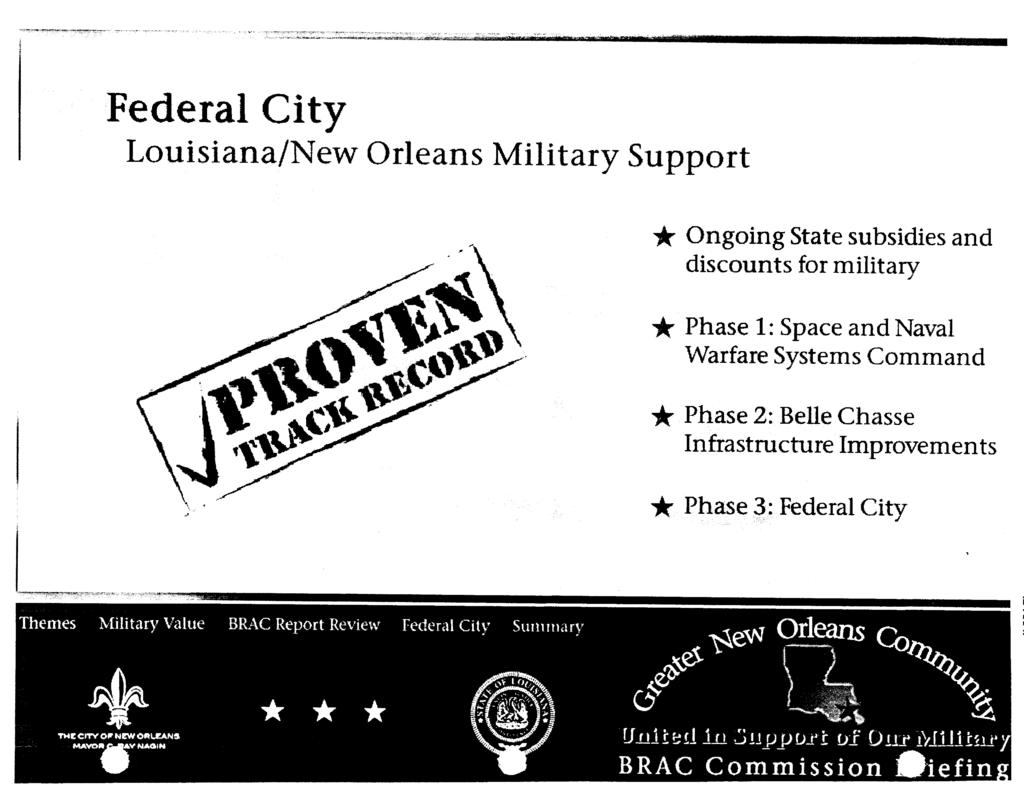 Louisiana/New Orleans Mil tary Support Ongoing State subsidies and discounts for military Phase 1 : Space