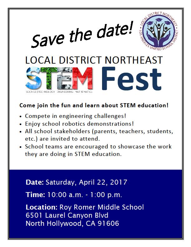 A colleague from LAUSD is looking for faculty and students to participate in their STEM Fest on April 22.