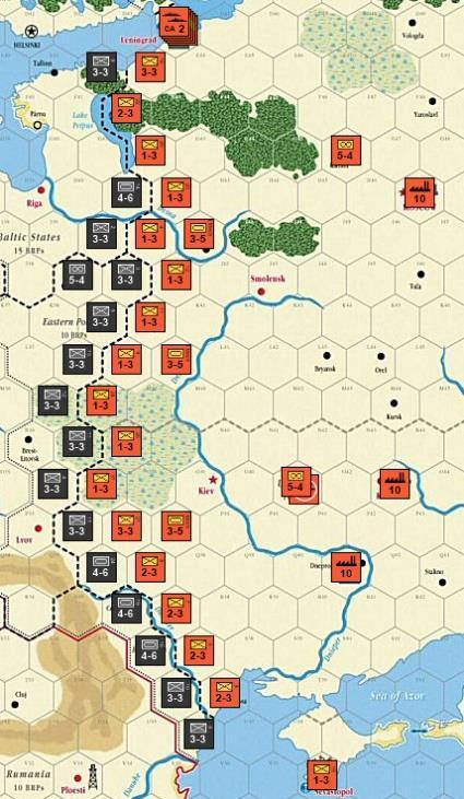 Example 1--Russia For a simple case, consider a game turn of clear weather in which Russia keeps all of its units (and those of its minor allies and associated minor powers) fully within the confines