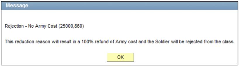 Rejecting an Enrollment Soldier did not incur any costs for dropping the class Full TA refund to Army Select Drop/Withdrawal (No Cost) or Never Enrolled No Cost to refund 100% of