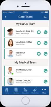 47 Care Team MPOWER The patient s care team is immediately accessible through the Narus Health app - with the opportunity to interact through a call or a secure message.