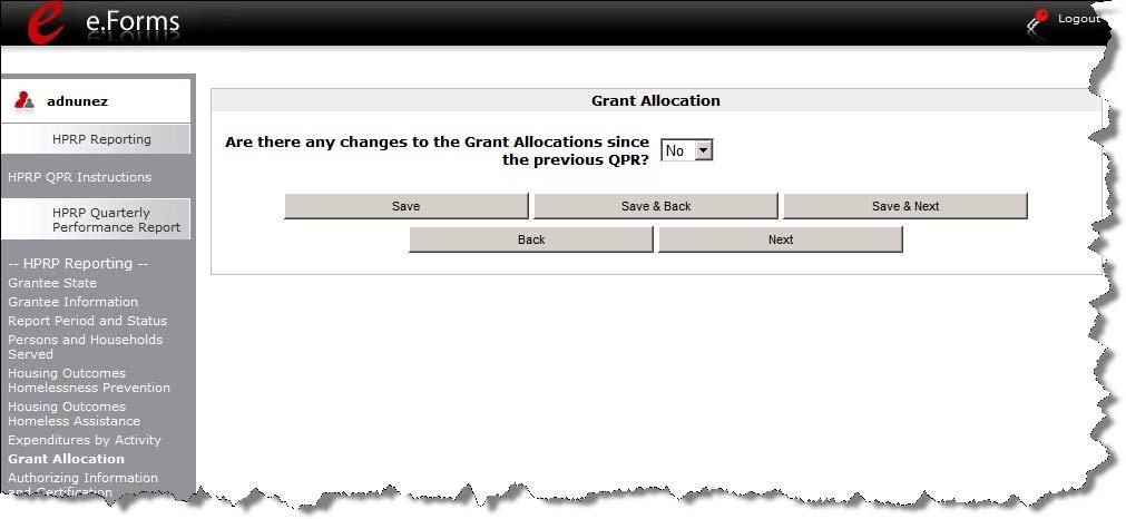 Grant Allocation- Optional beginning in Quarter 3 The "Grant Allocation" form shows the amount of HPRP funds retained by grantees as well as the amount of funds grantees have awarded to