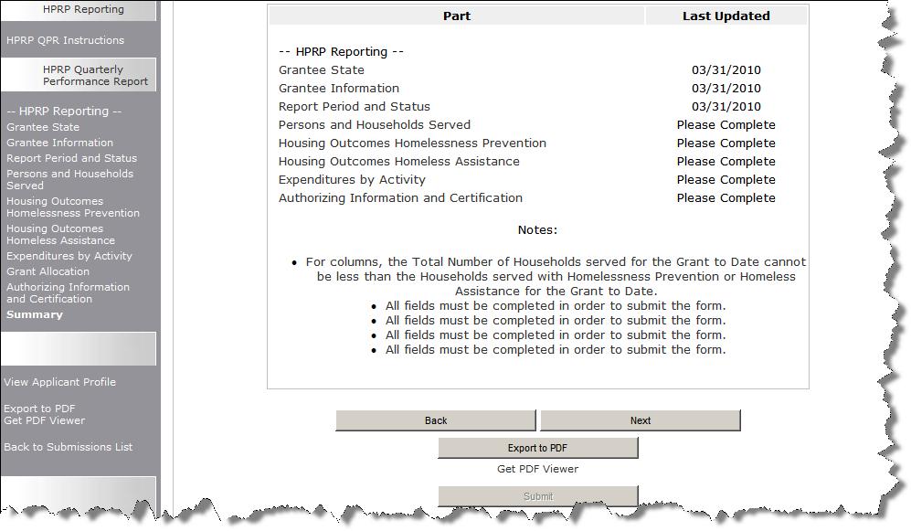 Summary The Submission Summary provides a summary of all of the HPRP reporting forms you have successfully completed in e-snaps, as well as all of the forms which you have not yet successfully