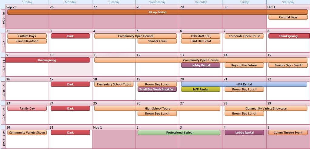 the BURLINGTON PERFORMING ARTS CENTRE USAGE CALENDAR 2011 This schedule is subject to change and includes plans and information known as of February 14, 2011 OCTOBER Pre-opening Events