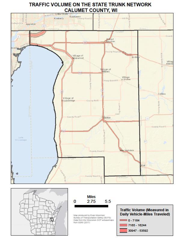 Traffic Volume As can be seen in Figure 1, traffic volumes in Calumet County are highest in the far-northwestern portion of the county, closest to the Fox Valley cities