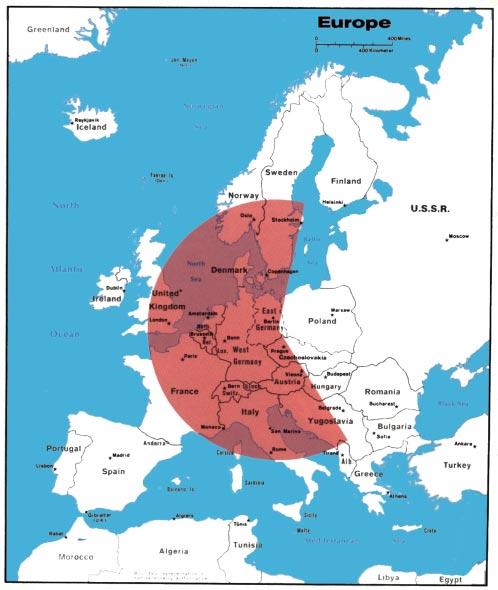 Radius of operation of the FLOGGER fighter-bomber operating from airfields in East Germany covers