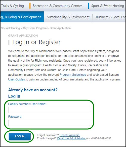 b. Log In Please log into the system by entering your society number and password. Then click the Log In button.