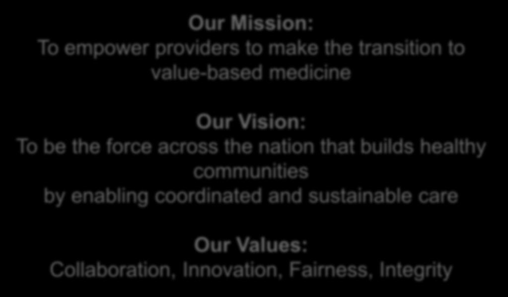 Our Mission: To empower providers to make the transition to value-based medicine Our Vision: To be the force across the nation that
