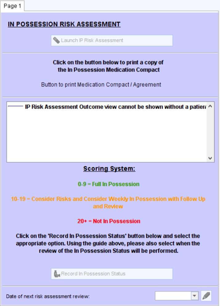 In-possession template The main part of the template is the assessment questionnaire. A series of questions then appear. The local patient medicines compact can be printed via this button.