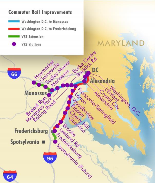 Virginia VRE Commuter Service Extension on Manassas Line Extending the east-west Manassas line to Haymarket, with additional stops in Sudley Manor and Gainesville