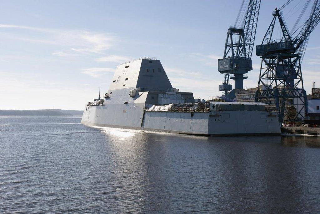 Zumwalt, the USN's lead DDG 1000 destroyer, pictured fitting out at General Dynamics Bath Iron Works in Bath, Maine, in January 2014.