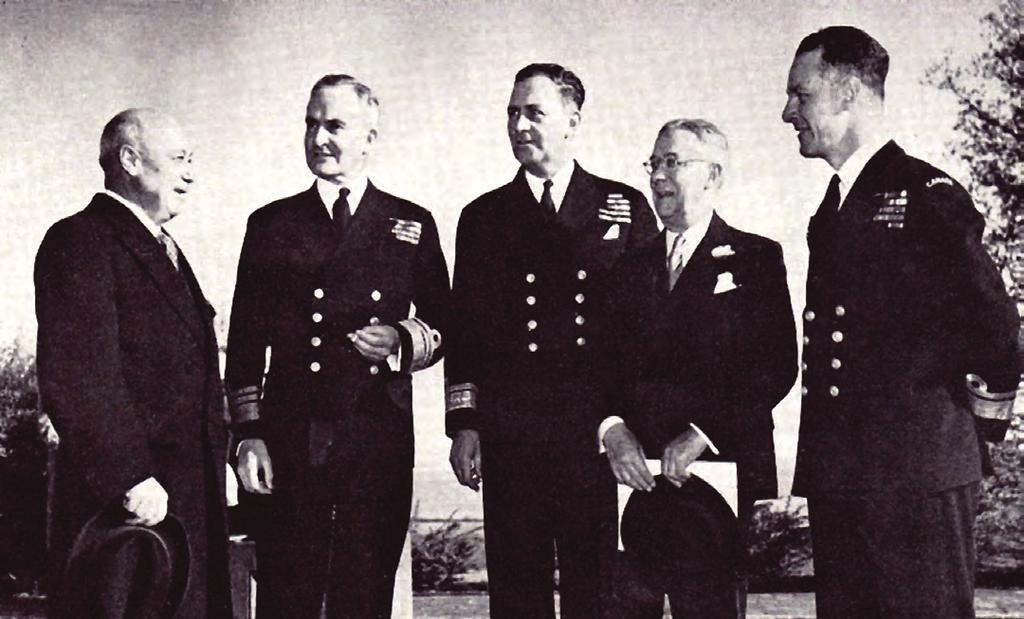 Photo: Courtesy of the Maritime Command Museum Chiefs of the Naval Staff (left to right) Victor G. Brodeur, Harold T.W. Grant, E. Roland Mainguy, Percy W. Nelles and Harry DeWolf, April 1950.