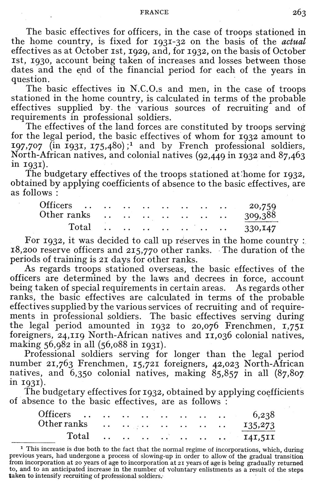 FRANCE 263 The basic effectives for officers, in the case of troops stationed in the home country, is fixed for 1931-32 on the basis of the actual effectives as at October ist, 1929, and, for 1932,