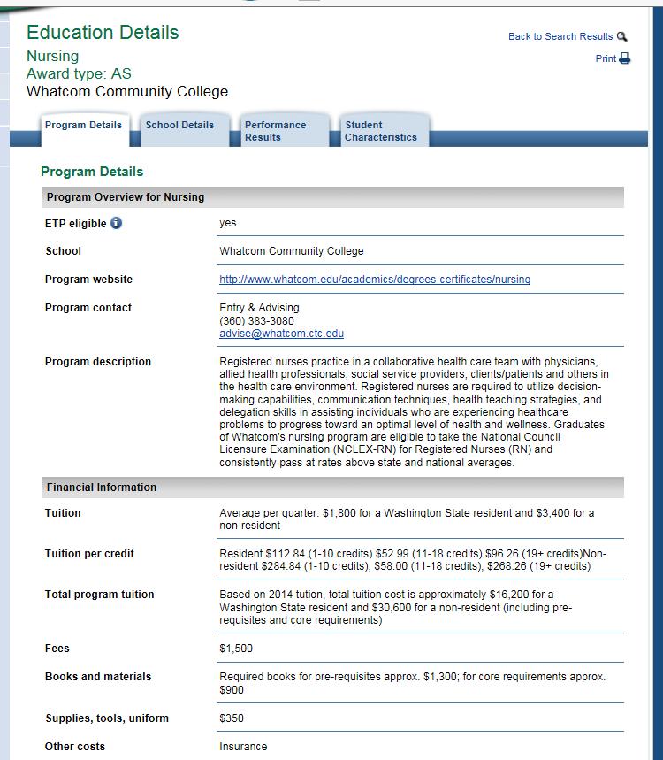 The Program Details tab shows students information about the program, including