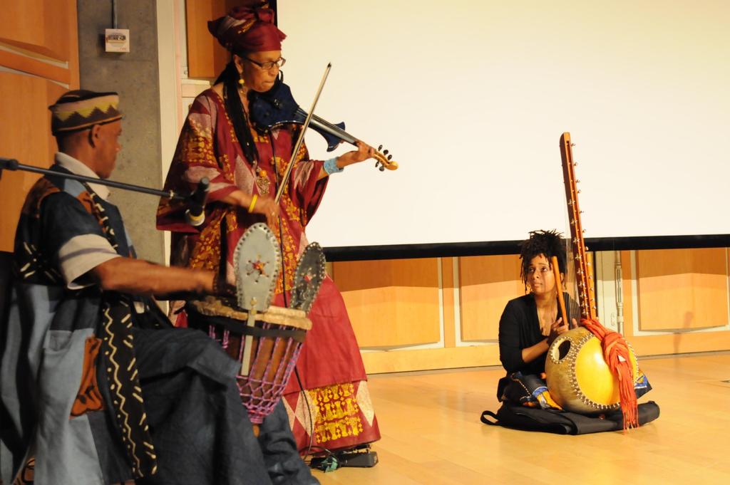 Left to right: Tacuma King (Master Percussionist at Bay Area Youth Arts), Tarika Lewis (violinist and