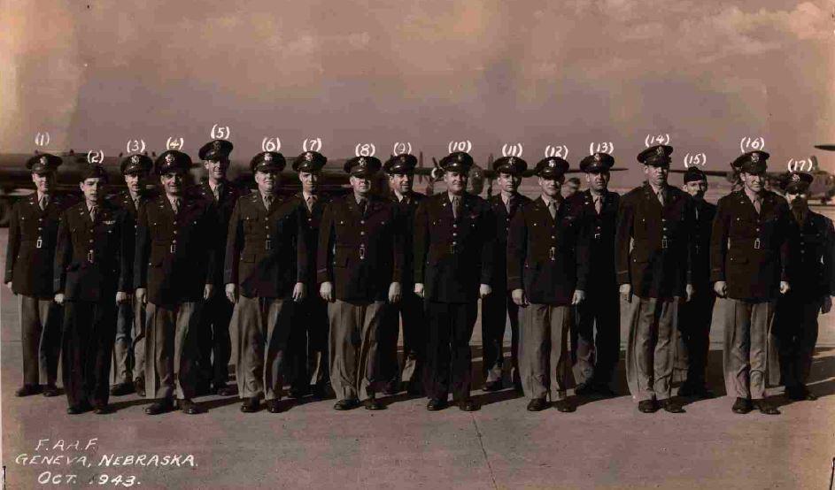 L-R: Lt. Robert B. N. Pack; Lt. Frederick W. Hughes; Lt. Wm. N. Dwyer; Lt. Herbert F. Marco; Lt. Howard A. Lesser; Maj. Leonard J. Rohrs; Lt. Daniel J. Coffey; Maj. Donald T. Jones; Mr.