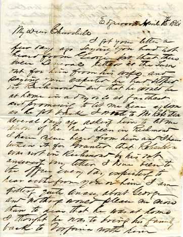 Figure 2: First page of letter headed Edgewood April 16, 1861 and addressed to My dear Churchill.