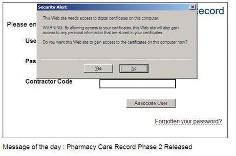 Access and security Step 2 - Enter user credentials: Figure 1-2: PCR association first security alert Enter PCR User