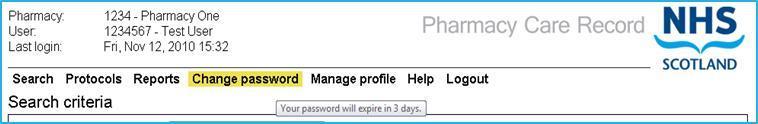 Access and security 1.11 Expiring Password Warning On login to PCR there is a warning on the main menu to highlight that the password is due to expire shortly.