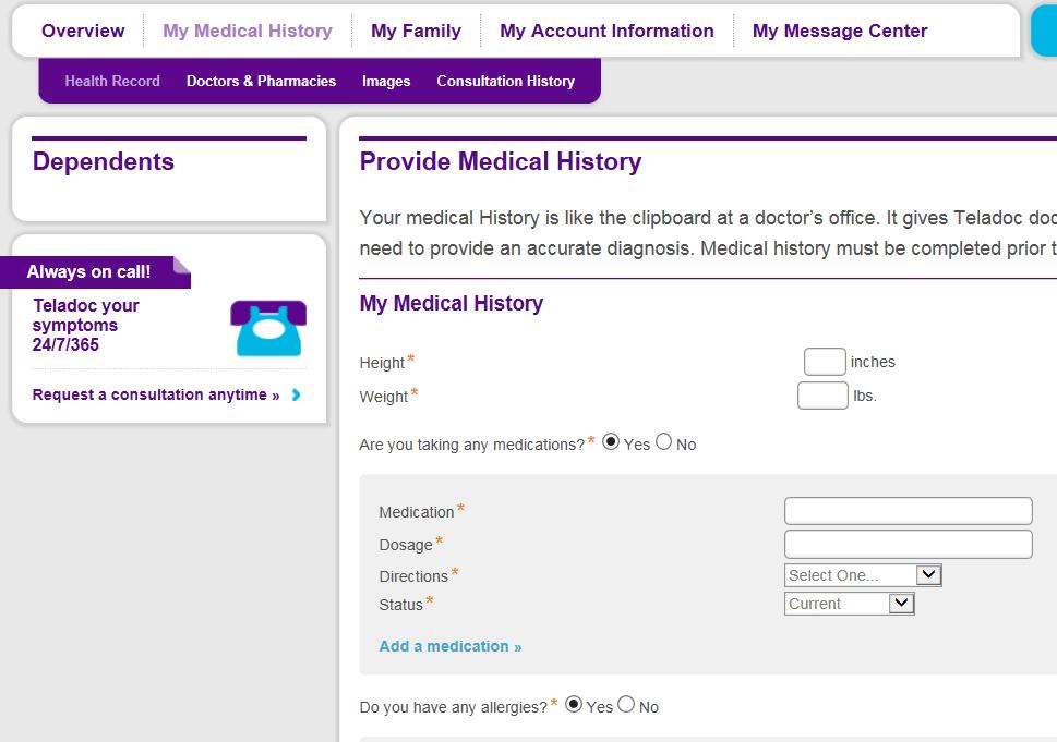 Log in: Enter My Medical History Click Log In Enter username and password Click My Medical History The Yes/No questions default to No for ease of entry.