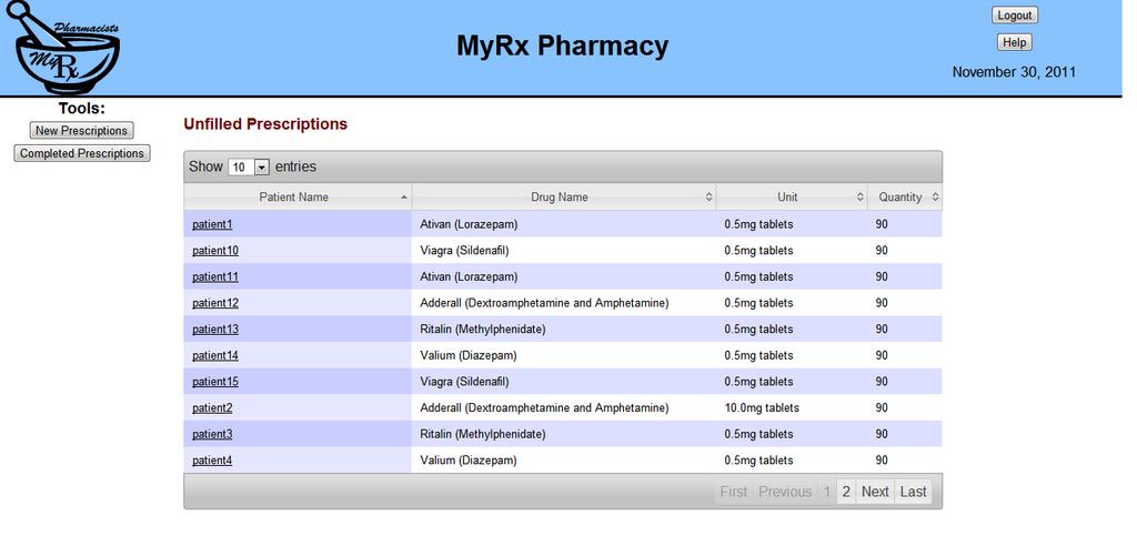 5.2. The Pharmacist User Interface When a pharmacist logs into our system, they are brought to the pharmacy part of our site, which is shown in Figure 6.
