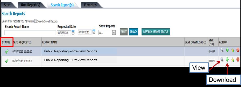 View the Preview Report The report requested will display, as well as the report status.