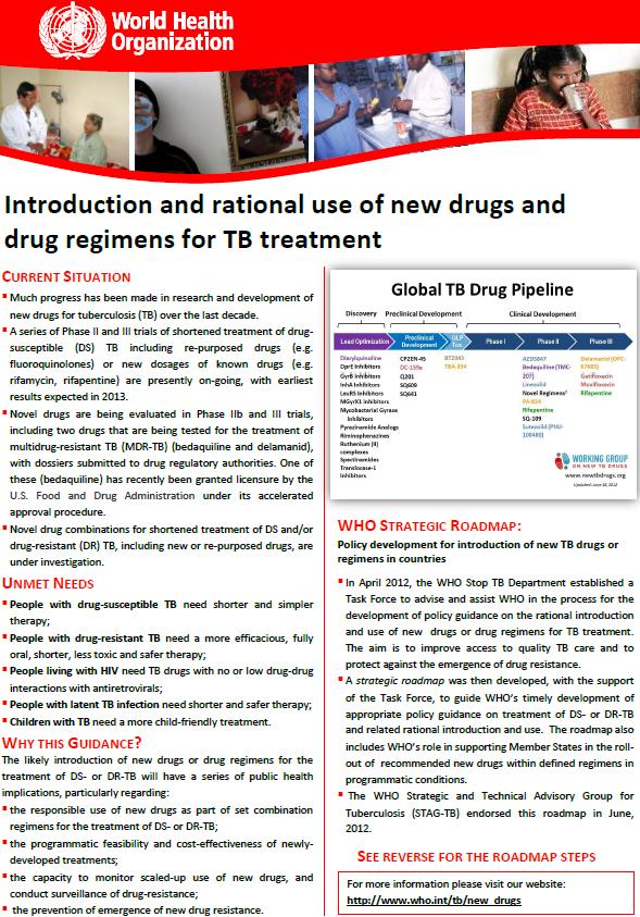 The WHO Strategic Plan for rational introduction of new TB drugs and regimens in countries Describes key elements of a process aimed at: - producing policy recommendations for the treatment of TB