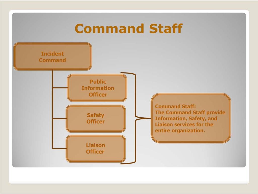 Depending upon the size and type of incident or event, it may be necessary for the Incident Commander to designate personnel to provide information, safety, and liaison services for the entire