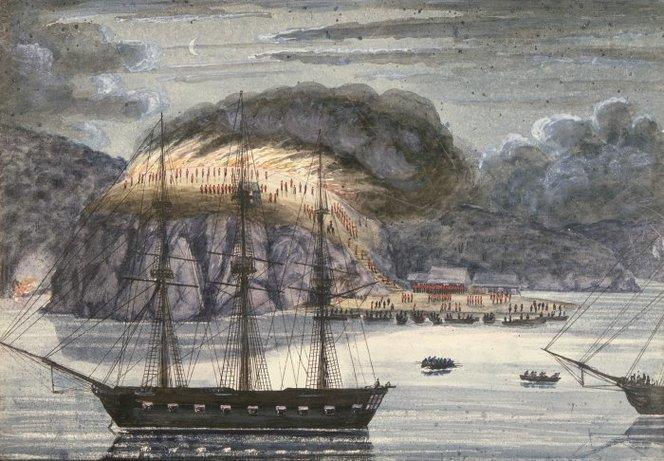HMS North Star, destroying the pā of Pōmare, Ōtuihu, Bay of Islands (1845) Date: 1845 By: Williams, John, d 1905?; Bridge, Cyprian (Lieutenant-Colonel), 1807-1885 Ref: A-079-032 H. M. S. North Star in the foreground with sails furled.