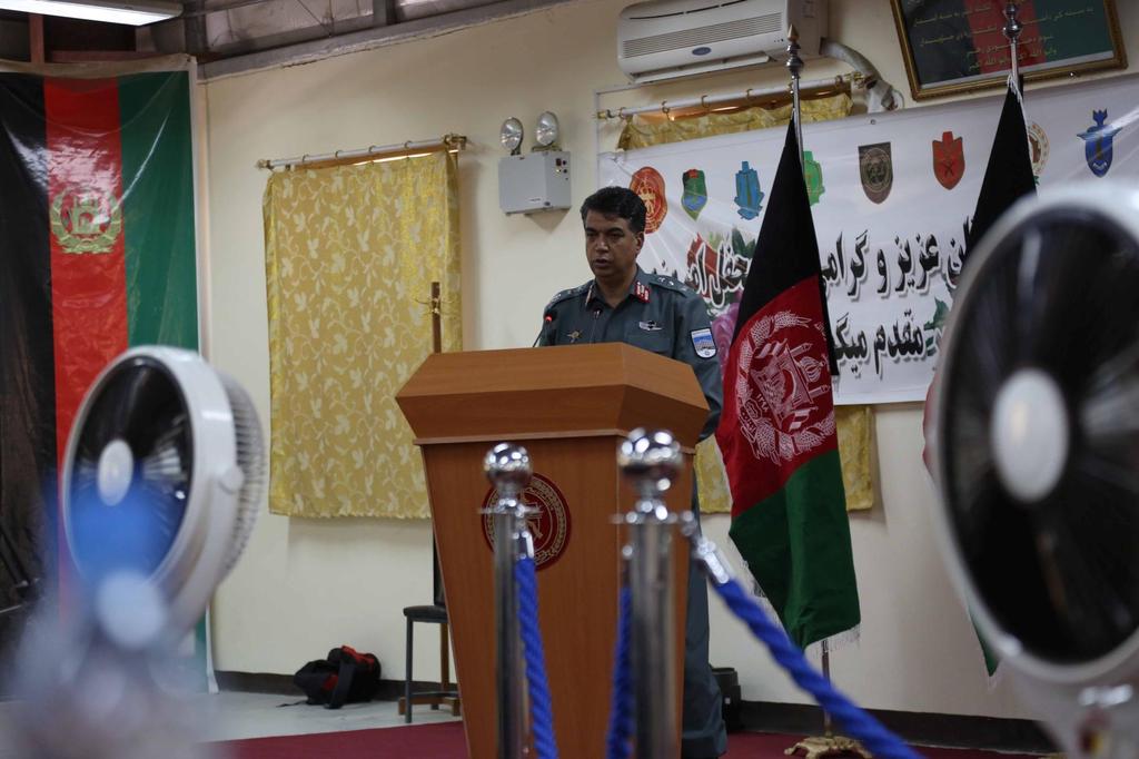 An Afghan National Civil Order Police representative presents a speech during a Summer Campaign conference at Forward Operating Base Gamberi, Laghman province, Afghanistan, June 23,