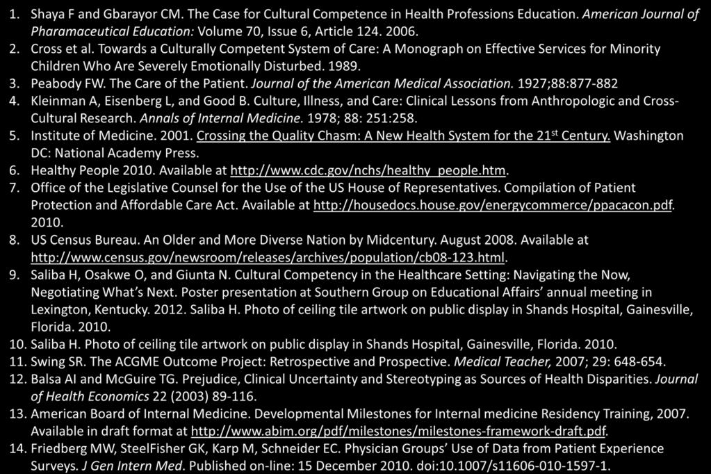 References 1. Shaya F and Gbarayor CM. The Case for Cultural Competence in Health Professions Education. American Journal of Pharamaceutical Education: Volume 70, Issue 6, Article 124. 2006. 2. Cross et al.