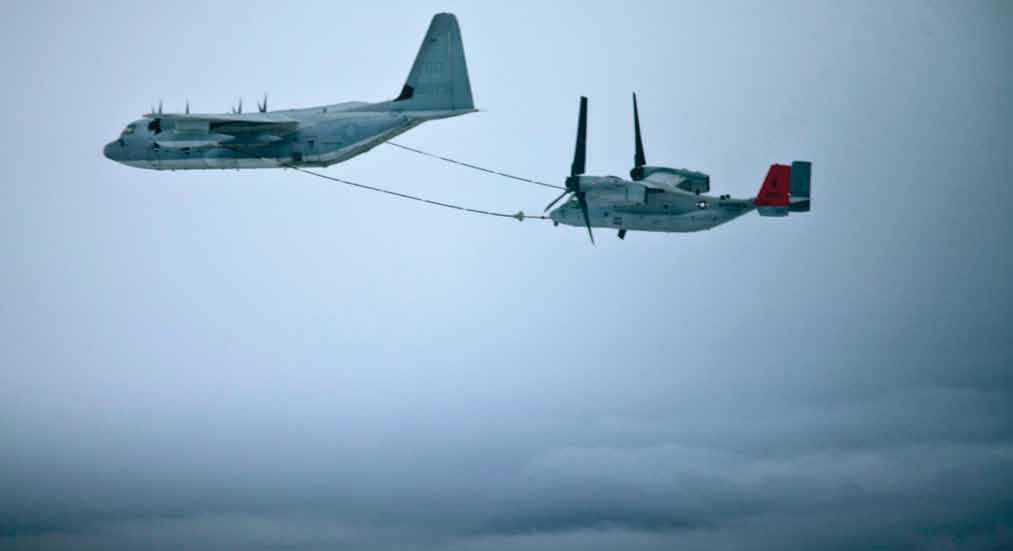 okinawa marine FEATURE november 15, 2013 9 An MV-22B Osprey tiltrotor aircraft receives fuel Oct. 30 from a KC-130J Super Hercules refueling aircraft during daytime aerial refueling training.