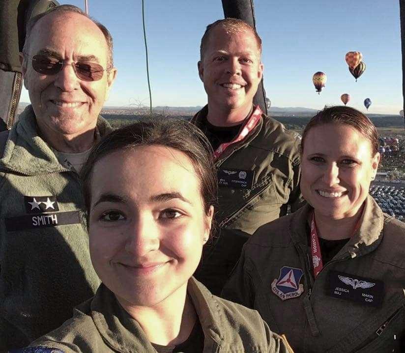 Top: In flight, (L-R) CAP National Commander Maj. Gen. Mark E. Smith, Cadet Col. Jodie Gawthorp and balloon pilots Lt. Col. William R. Fitzpatrick and Maj.