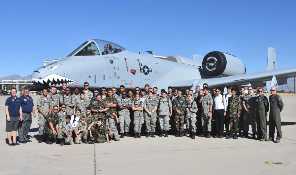 Top: Arizona Wing members pose with their USAF hosts (far right in flight suits) in front of an A-10 Thunderbolt II. (All photos: Maj.