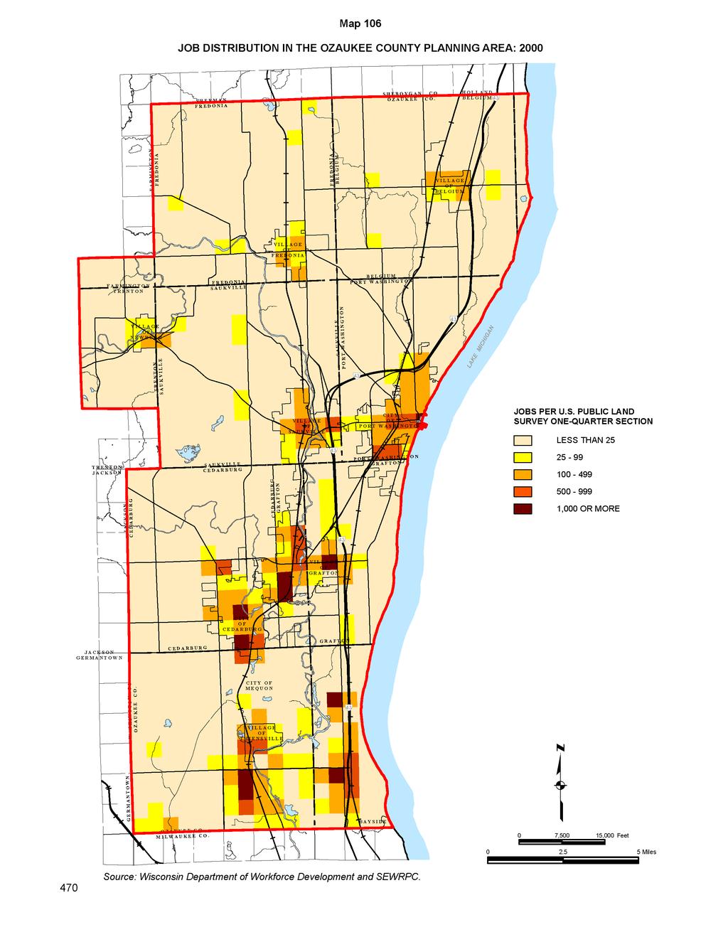 Map 106 JOB DISTRIBUTION IN THE OZAUKEE COUNTY PLANNING AREA: 2000 JOBS PER U.S. PUBLIC LAND SURVEY ONE-QUARTER SECTION o LESS THAN 25 25-99 100-499 500-999 1,000 OR MORE GOW N 6 u 7,500 15,000 Feet 2.