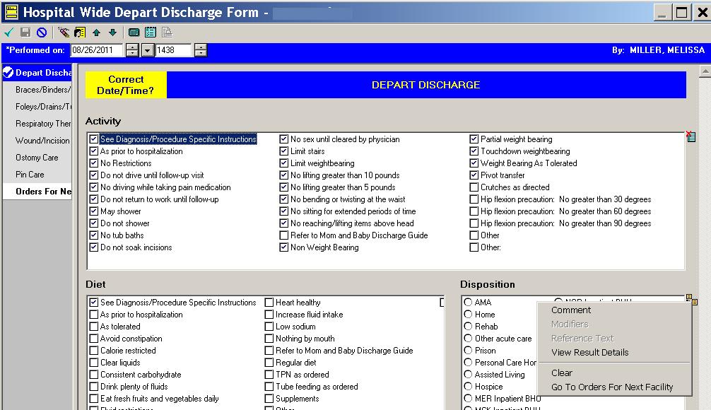 Figure 5: Hospital Wide Depart Discharge Form Disposition section Once selected, make the appropriate selections/additions and