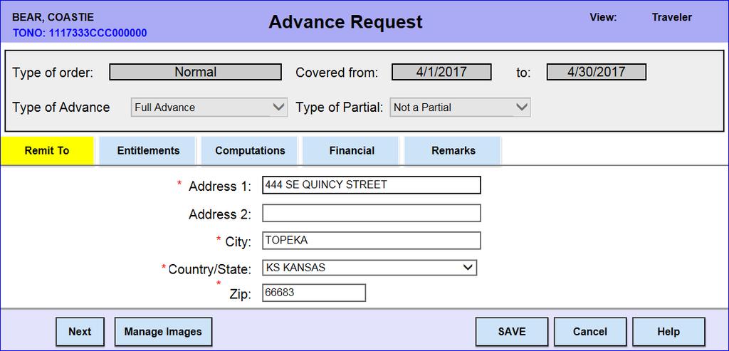 Requesting a Requesting a TDY Travel Advance, Continued 3 The Remit To tab of the Advance Request page will display.