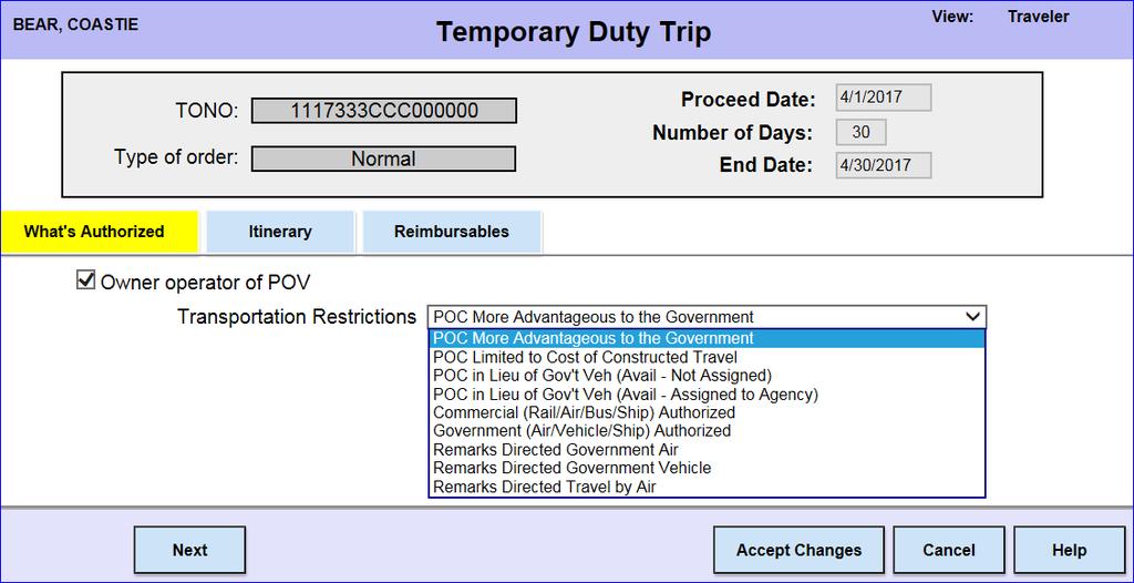 Requesting a TDY Travel Advance, Continued 5 The What s Authorized tab will display.