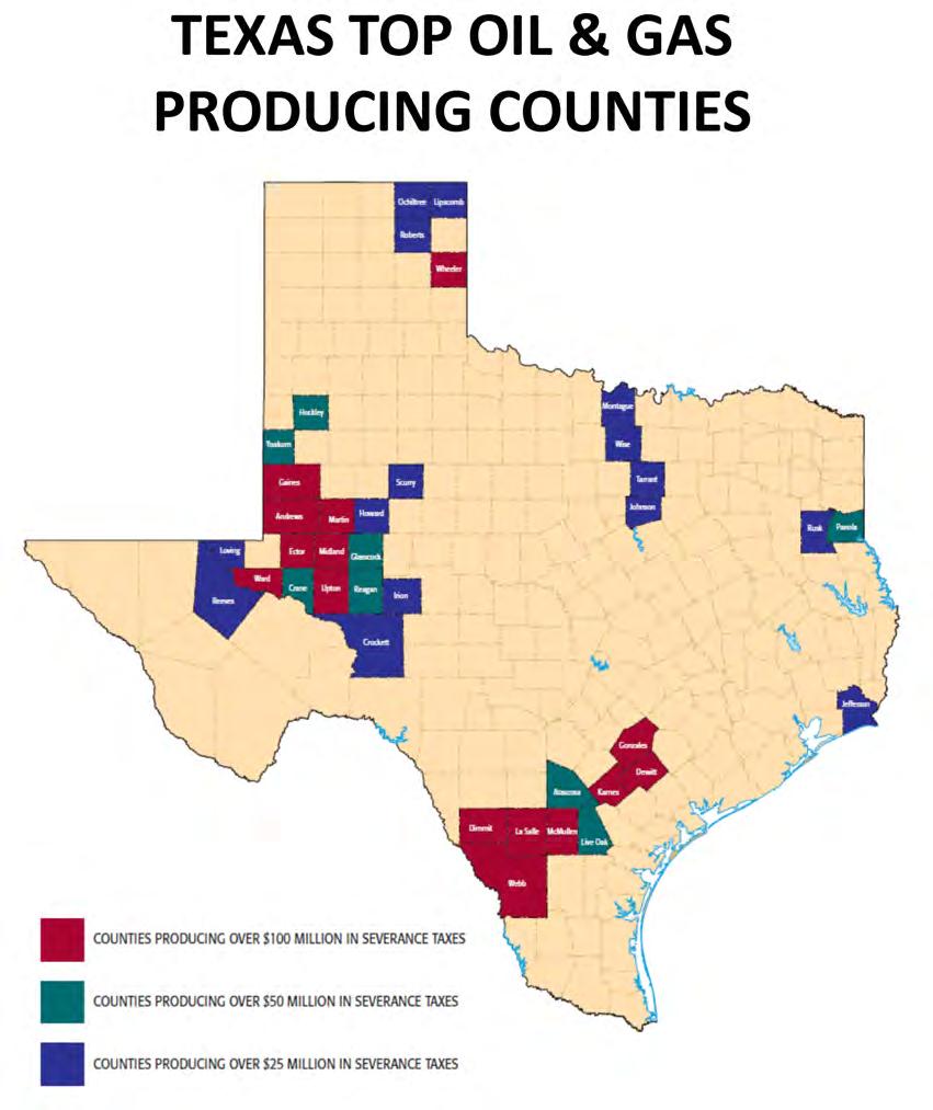 ECONOMIC IMPACT: OIL AND GAS SEVERANCE TAXES The map above depicts the top oil and gas producing counties based on severance taxes generated for the State of Texas.